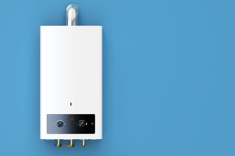 White tankless water heater on a blue wall, featuring a control panel with two black dials. The design is modern and minimalist.