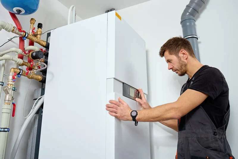 A man in work overalls is inspecting a white boiler in a utility room. He appears focused, surrounded by various pipes and fittings, suggesting maintenance work.